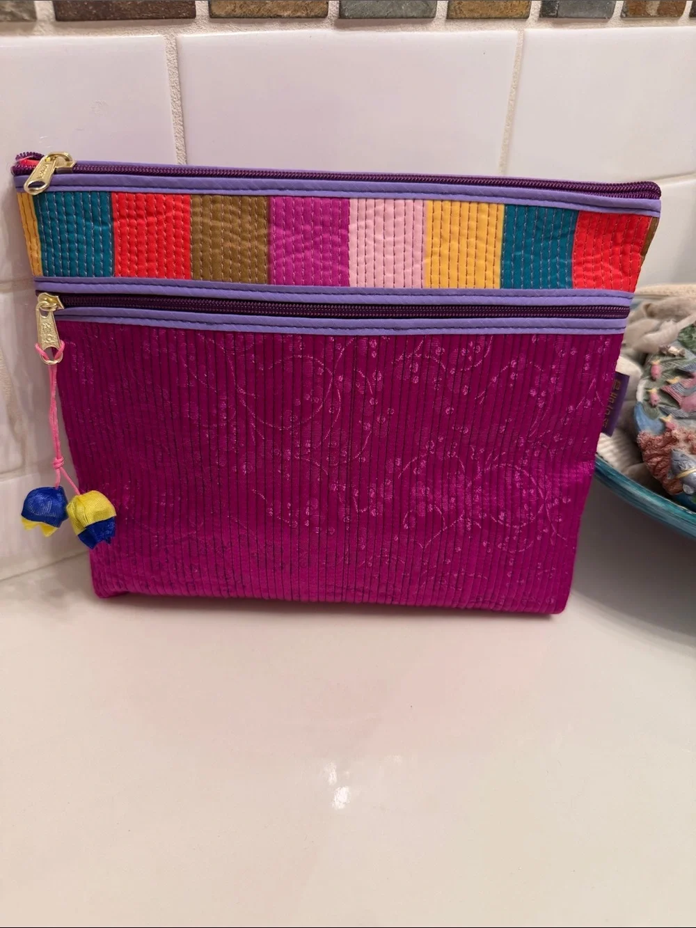 Vibrant Magenta Quilted Two-Zip Cosmetic Pouch with Color-Block Trim
